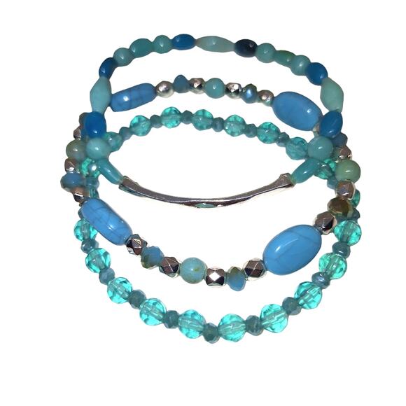 Avon Ocean Air Stretch Bracelet Set of  3 Turquoise Blue Silver Tone Beads - Picture 3 of 4